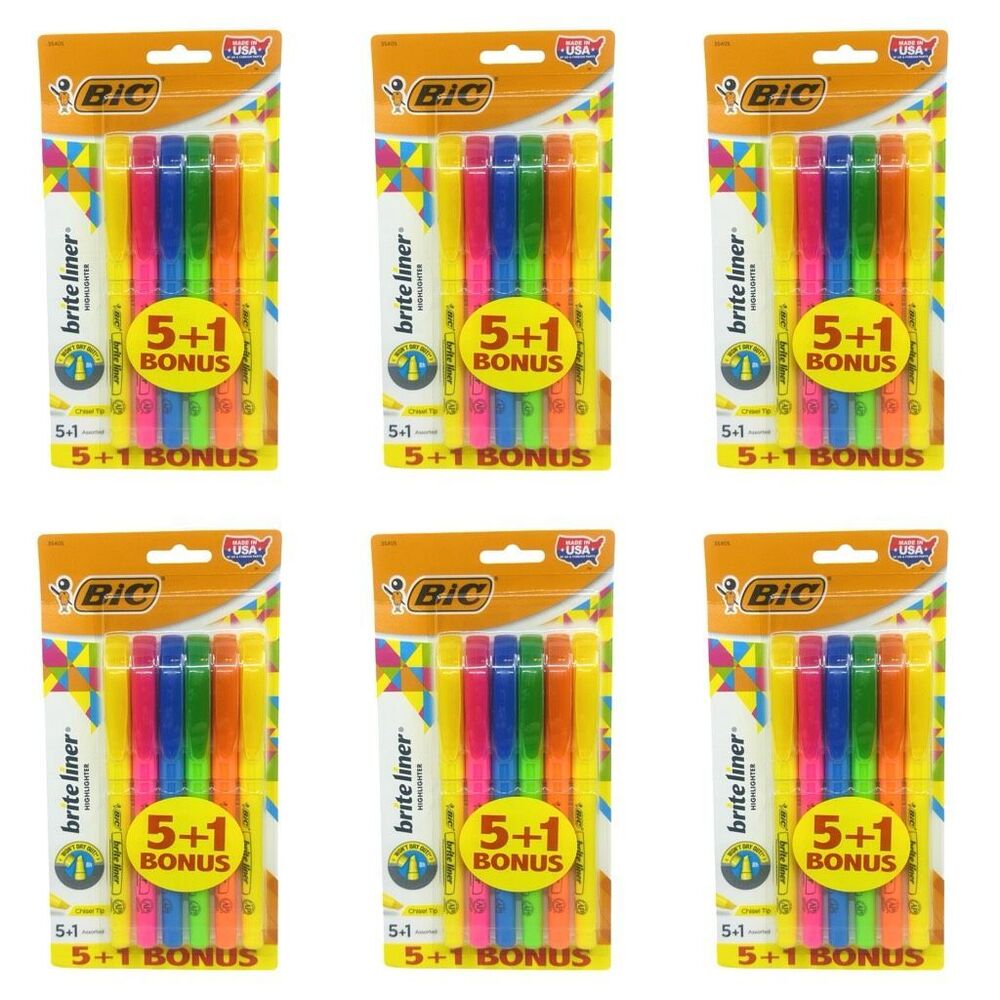 Bic Bright Liner Highlighter 5+1 Bonus - 6 Packs - 36 Highlighters